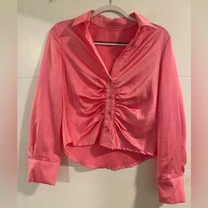 Satin pink ruched button up top
